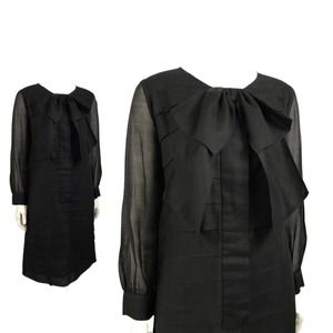1960s Black Ruffled Shift Dress Long Sleeves / Women's Medium